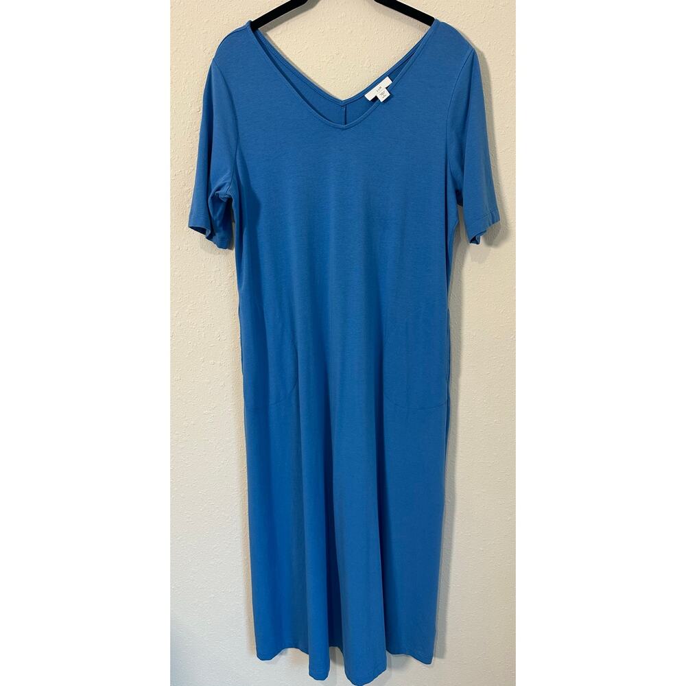 J.Jill Small Petite Relax  Double-V Elbow-Sleeve Maxi Dress  Blue with pockets
